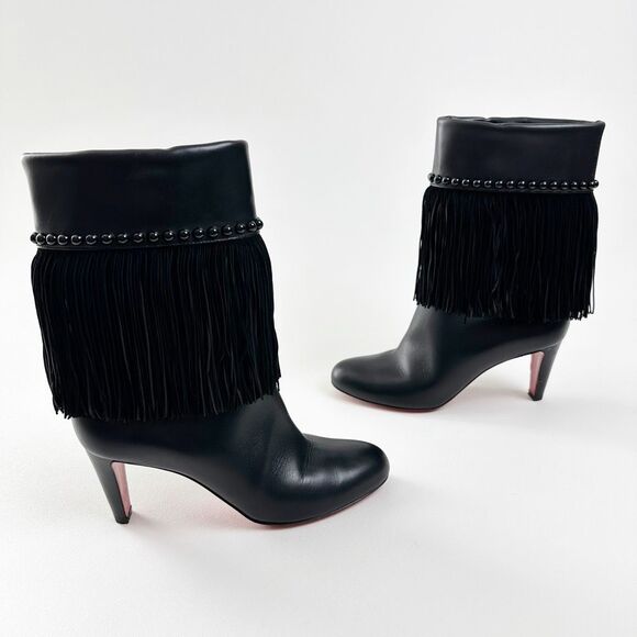 CHRISTIAN LOUBOUTIN Tudor Jo Fringe Black Bootie 39 US 8.5 Ankle Boots Studded - Picture 7 of 14